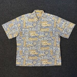 Vintage Campia Moda Tribal Fish Print Shirt Mens XL Blue Short Sleeve Vacation